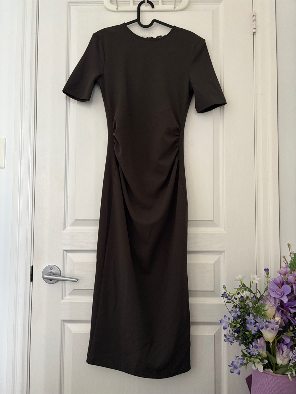 Zara Chocolate Brown Short-Sleeve Midi Dress